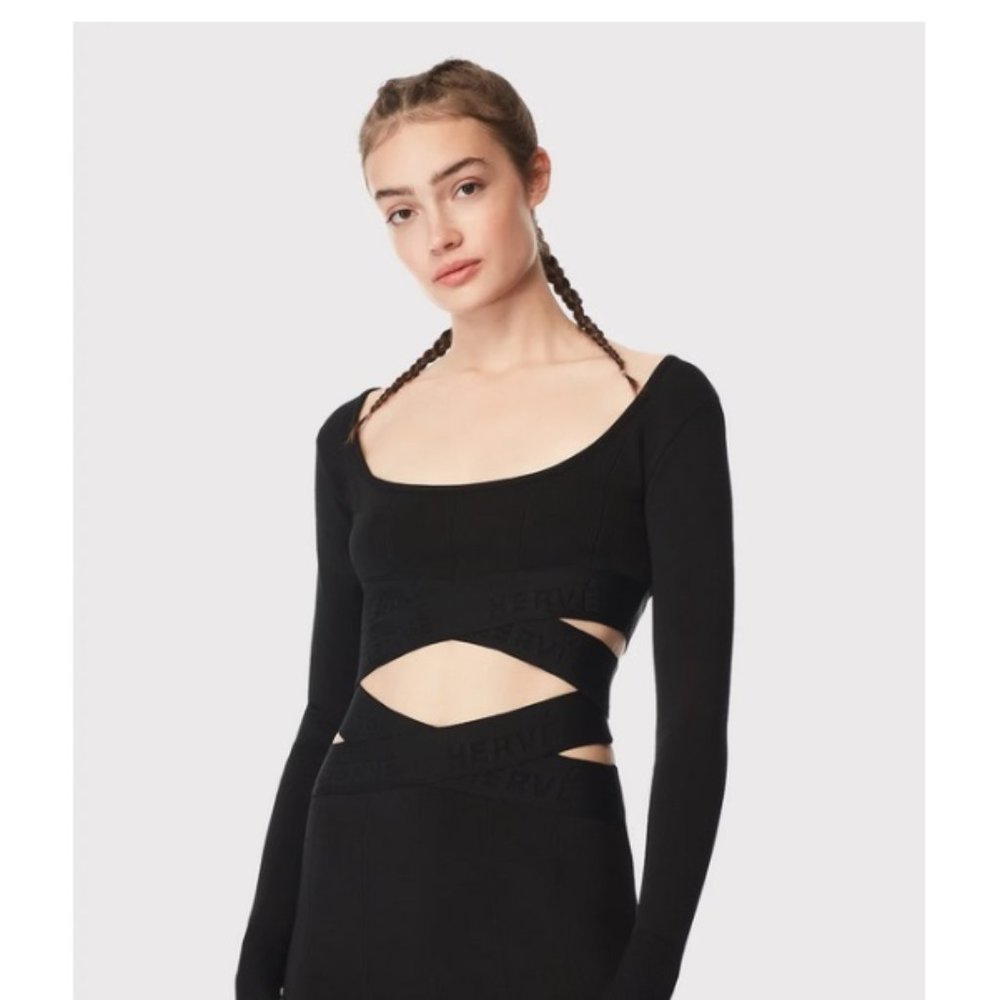 Herve by Herve Leger Long Sleeve Scoop Neck Crop Top Black XS